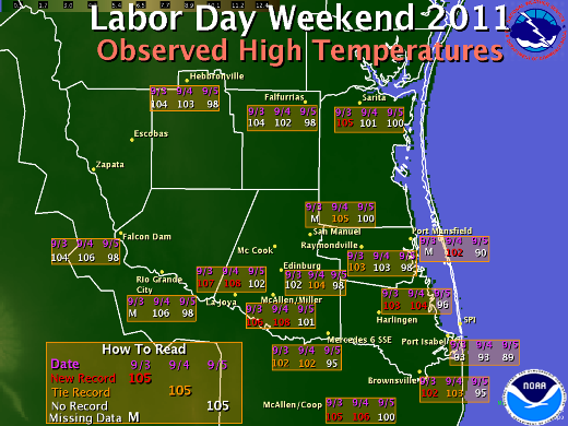 Daily high temperatures for September 3, 4, and 5, 2011, for Deep South Texas and the Rio Grande Valley (click to enlarge)