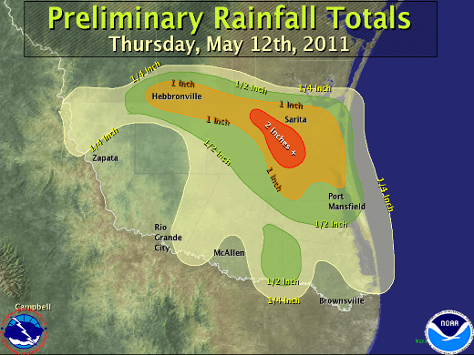 Rainfall finally reaches Deep South Texas after two months on May 12th, 2011 (click to enlarge)