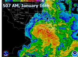 Composite reflectivity on NWS Brownsville Weather Surveillance Radar 88 Doppler, 507 AM January 16th, 2011 (click to enlarge)