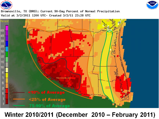 Percent of Normal Rainfall, December 2010 through February 2011 in Deep South Texas (click to enlarge)