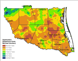 Estimated departure from average rainfall for the Rio Grande Valley, from bias corrected rainfall and observations, September, 2012