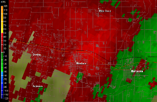 Storm relative velocity at 0.5 degrees elevation at 239 PM June 2nd