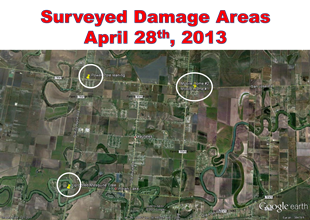 Points where damage to poorly constructed buildings and roofs was surveyed