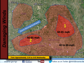 Schematic of downburst areas from small cluster of mid afternoon thunderstorms in Hidalgo County, August 13, 2014