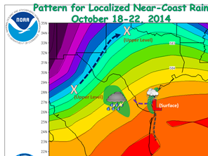 Mean steering pattern for the period October 18-22 across the southern/southwest US, northern Mexico, and the western Gulf