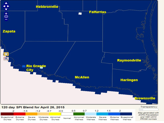 Standardized Precipitation Blend for the Valley and Deep South Texas on April 26, 2015