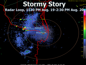 Radar loop from 1130 PM August 19, 2015 through 230 PM August 20, across the Rio Grande Valley