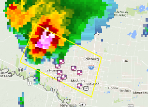 Initial warning, radar composite reflectivity, and preliminary hail reports during early afternoon of March 26, 2015, Hidalgo County, Texas