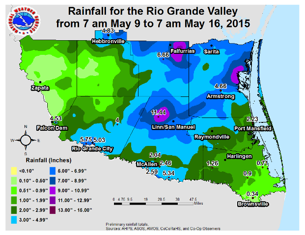 Rainfall across Deep S. Texas/RGV for May 9-15, 2015