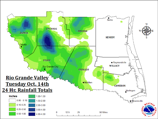 Measured and estimated rainfall for October 13, 2015, across the Rio Grande Valley