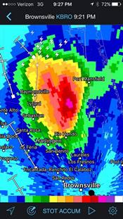 Radar estimated rainfall from late afternoon through early evening October 22, 2015, in Cameron and Willacy County