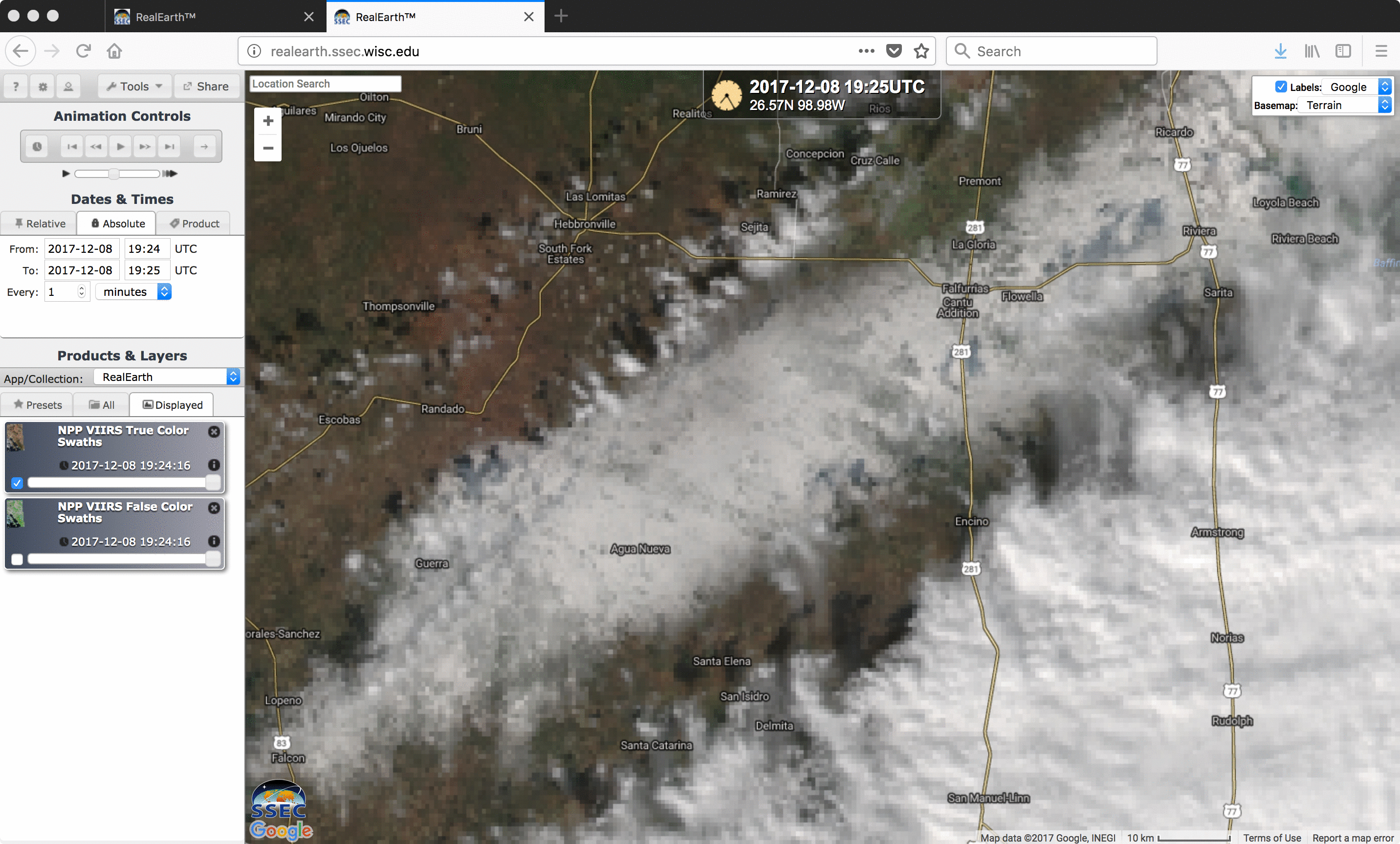 Satellite photo from CIMSS blog showing true and false colors of the heaviest snow swath (pack) shortly after precipitation ended and clouds cleared across the Zapata to Brooks area