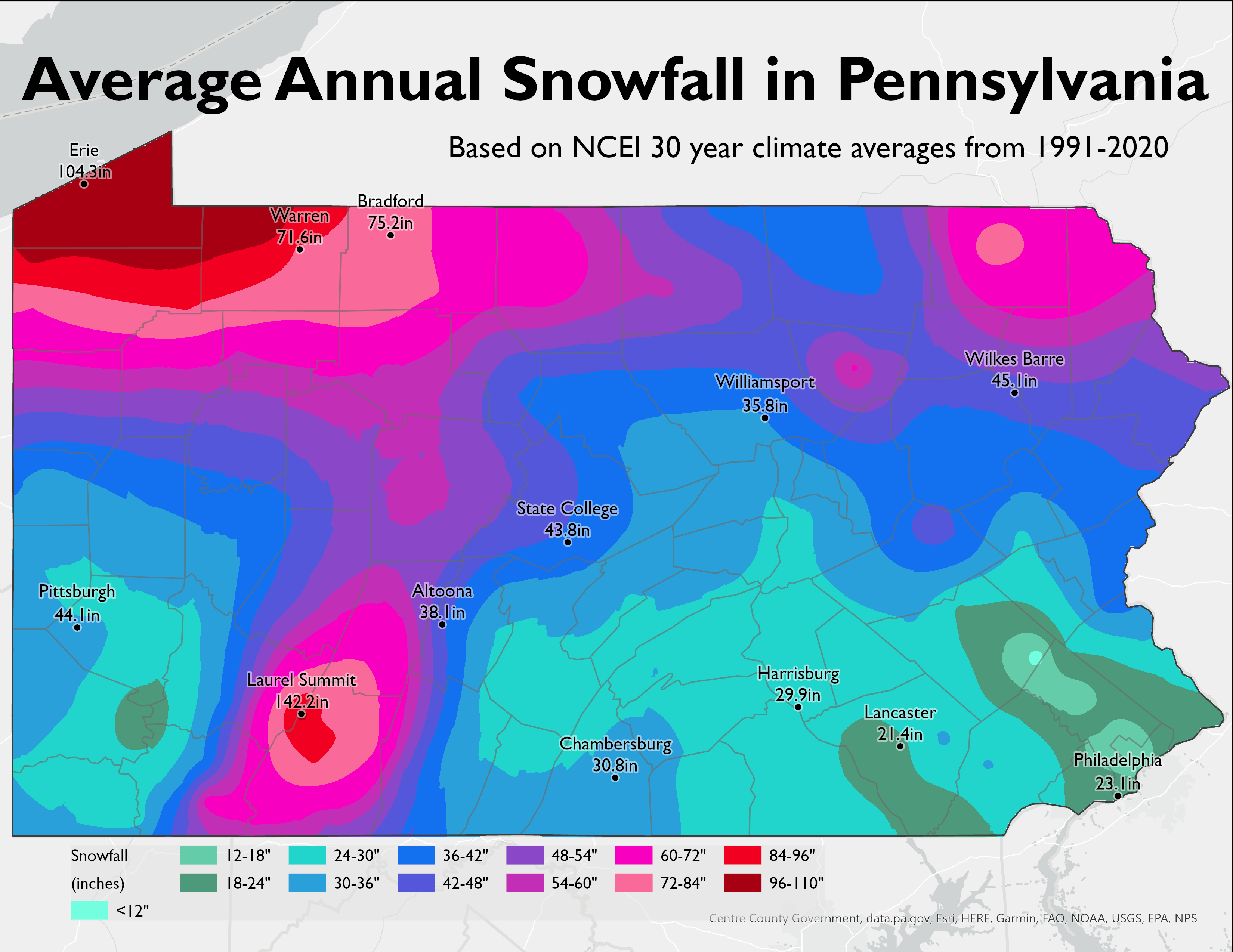 Map of average annual snowfall in PA