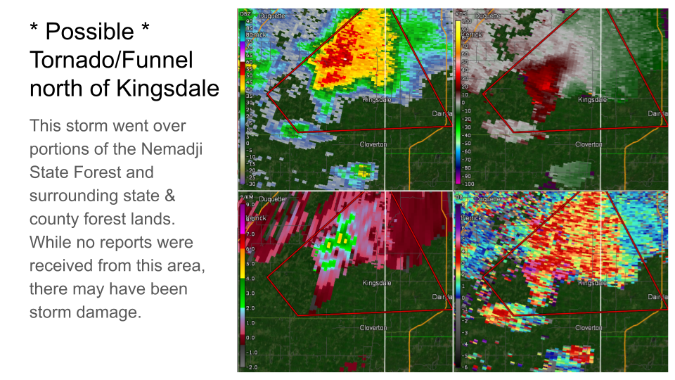 Radar Imagery of a storm north of Kingsdale in the Nemadji State Forest that may have produced funnels/tornado