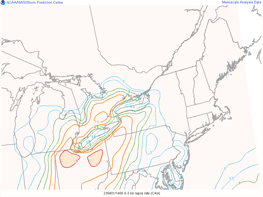 Figure 5: 0-3km Lapse Rates, valid 1400 UTC 1 Apr 2023