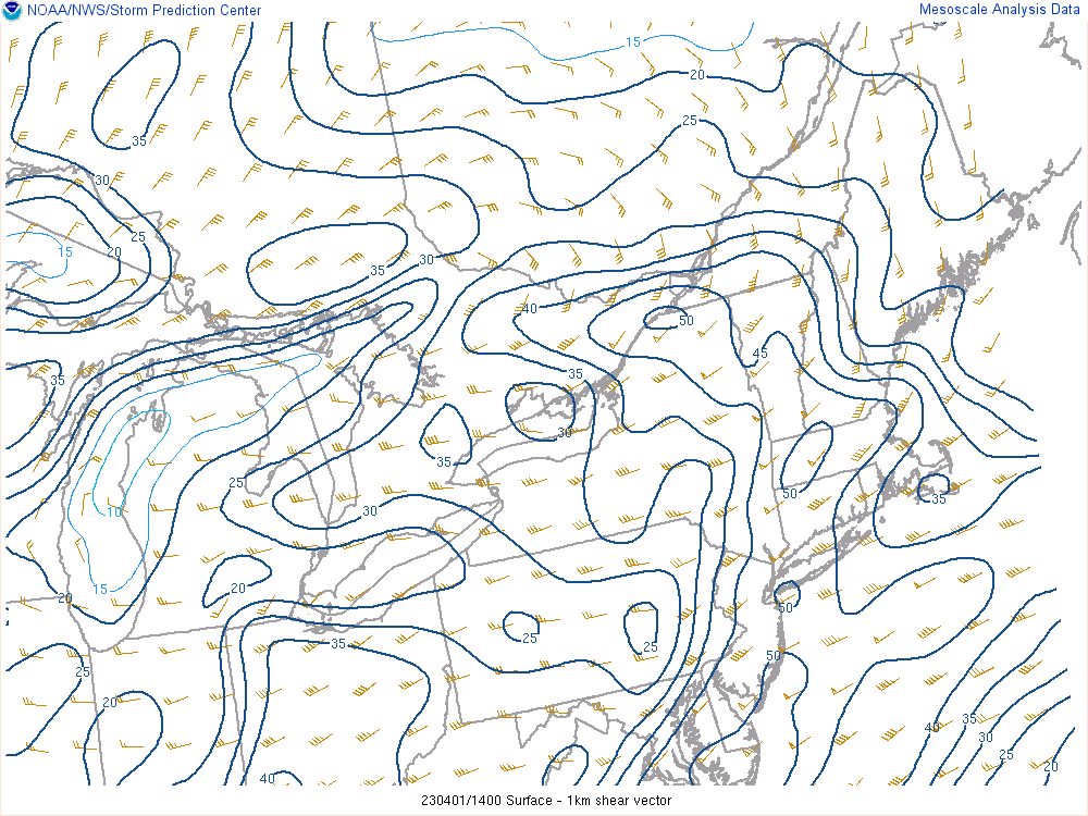 Figure 6: 0-1km Bulk Wind Shear, valid 1400 UTC 1 Apr 2023