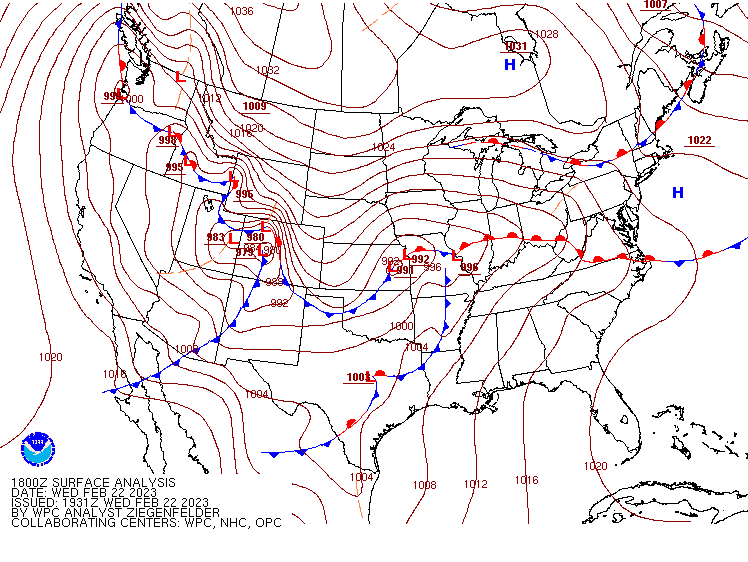 Figure 2: WPC Surface Analysis Valid Feb 22 2023 18UTC