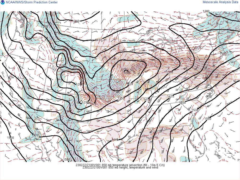 Figure 3: SPC 850mb Analysis Valid Feb 22 2023 21UTC