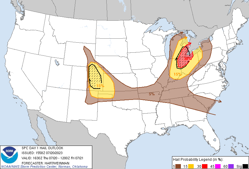 20230720 1630 UTC Day 1 Large Hail Probabilities Graphic