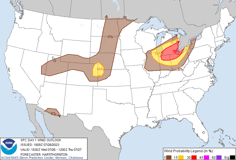 20230720 1630 UTC Day 1 Large Hail Probabilities Graphic