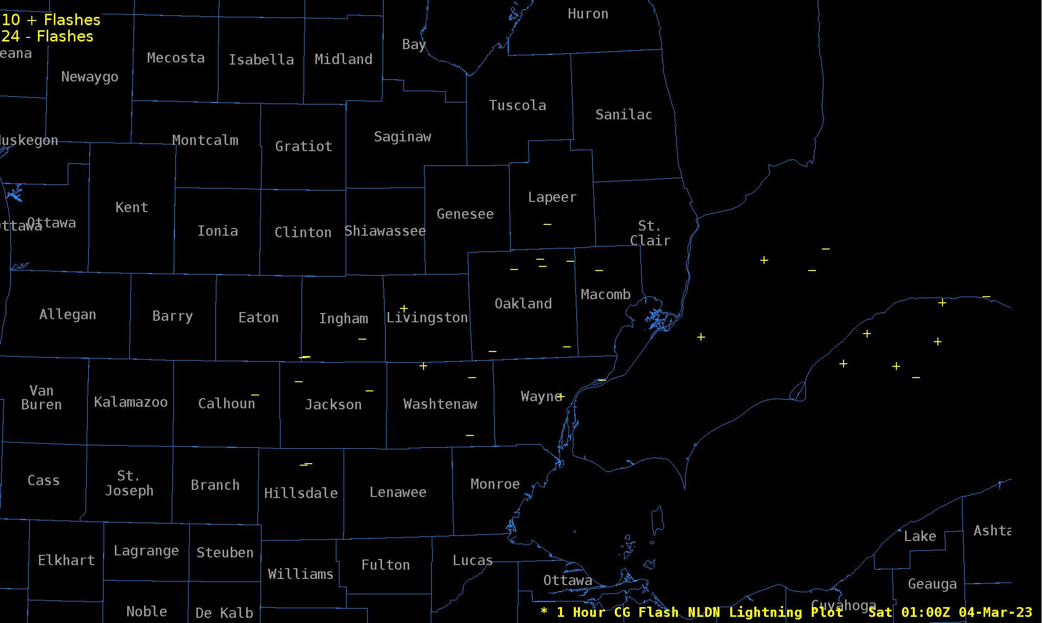 Figure 6: NLDN 1 Hour Cloud-to-Ground Lightning Plot Valid Mar 4 2023 01UTC