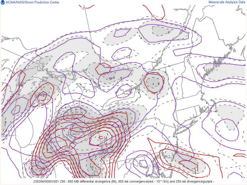 Figure 5: SPC Mesoanalysis 250-850mb Diff Divergence Valid Mar 4 2023 01UTC