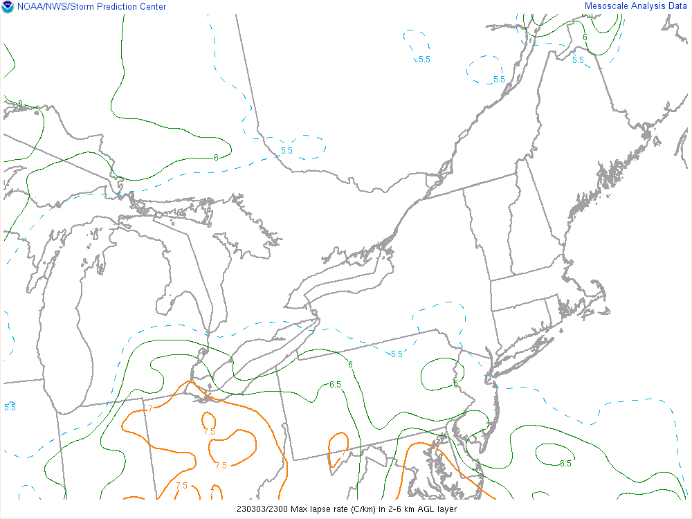 Figure 7: SPC Mesoanalysis 2-6km Max Lapse Rate Valid Mar 3 2023 23UTC