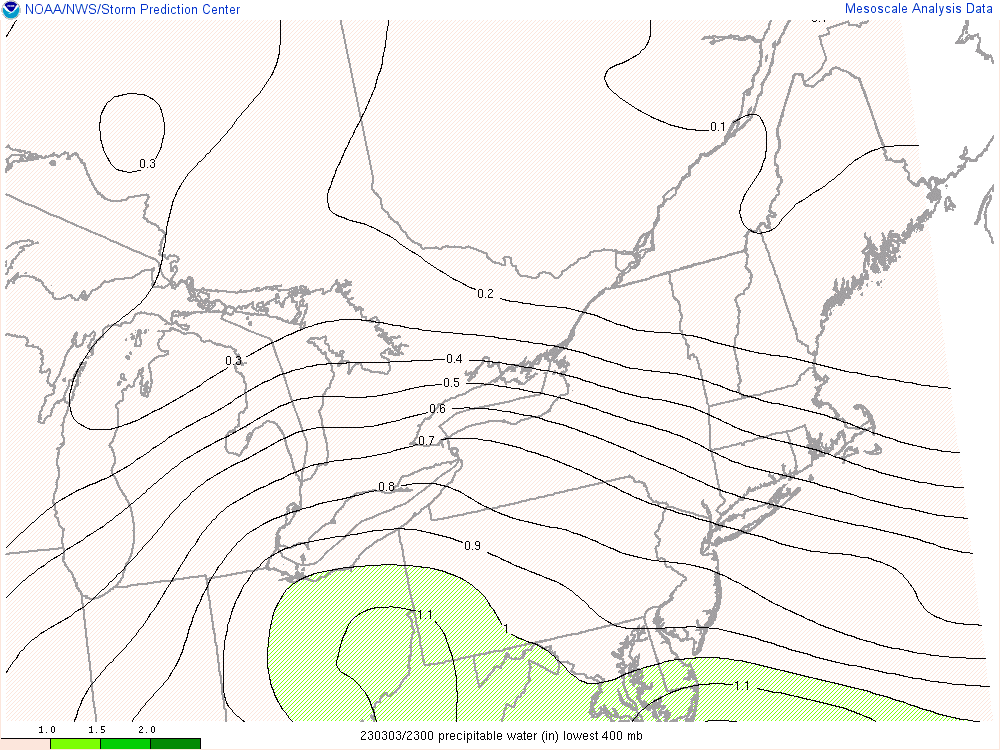 Figure 3: SPC Mesoanalysis Precipitable Water Valid Mar 3 2023 23UTC