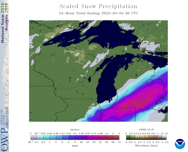 Figure 8: NOHRSC 24 Hour Scaled Snow Precipitation (Liquid Equivalent) Valid Mar 4 2023 06UTC