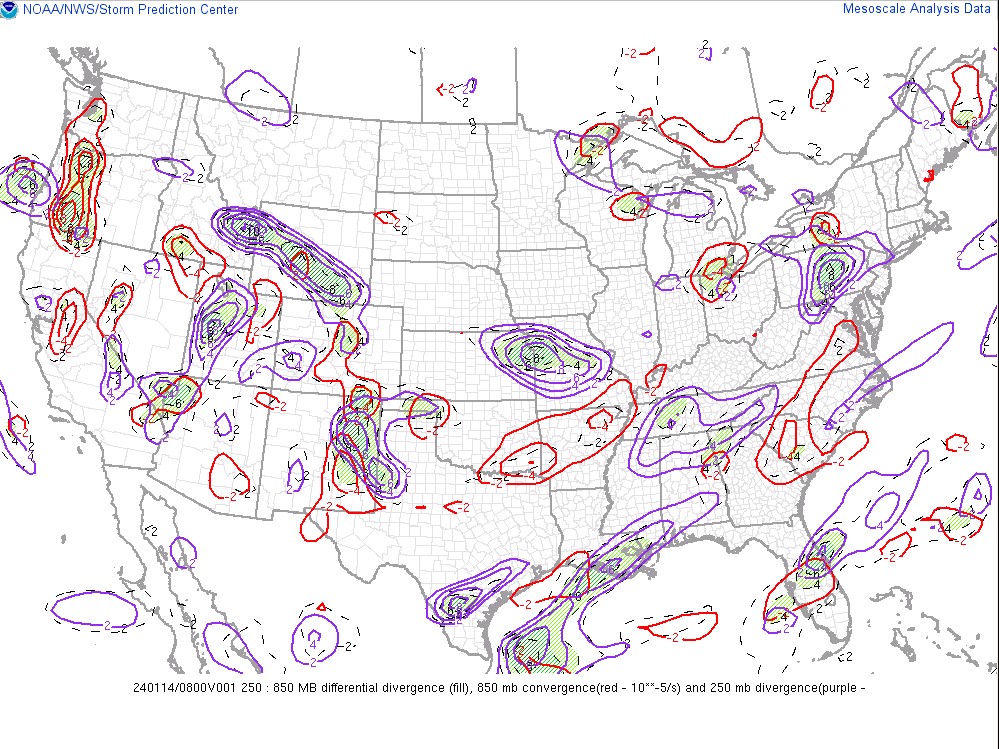 Figure 5: SPC Mesoanalysis 250-850mb Diff Divergence Valid Mar 4 2023 01UTC