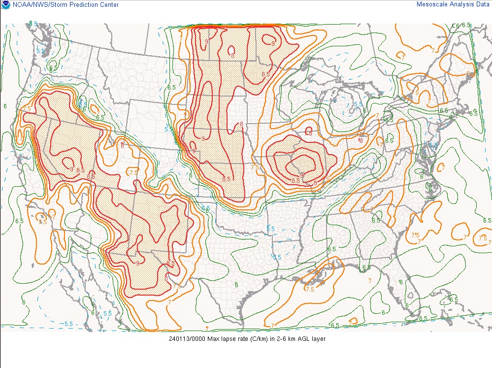 Figure 7: SPC Mesoanalysis 2-6km Max Lapse Rate Valid Mar 3 2023 23UTC