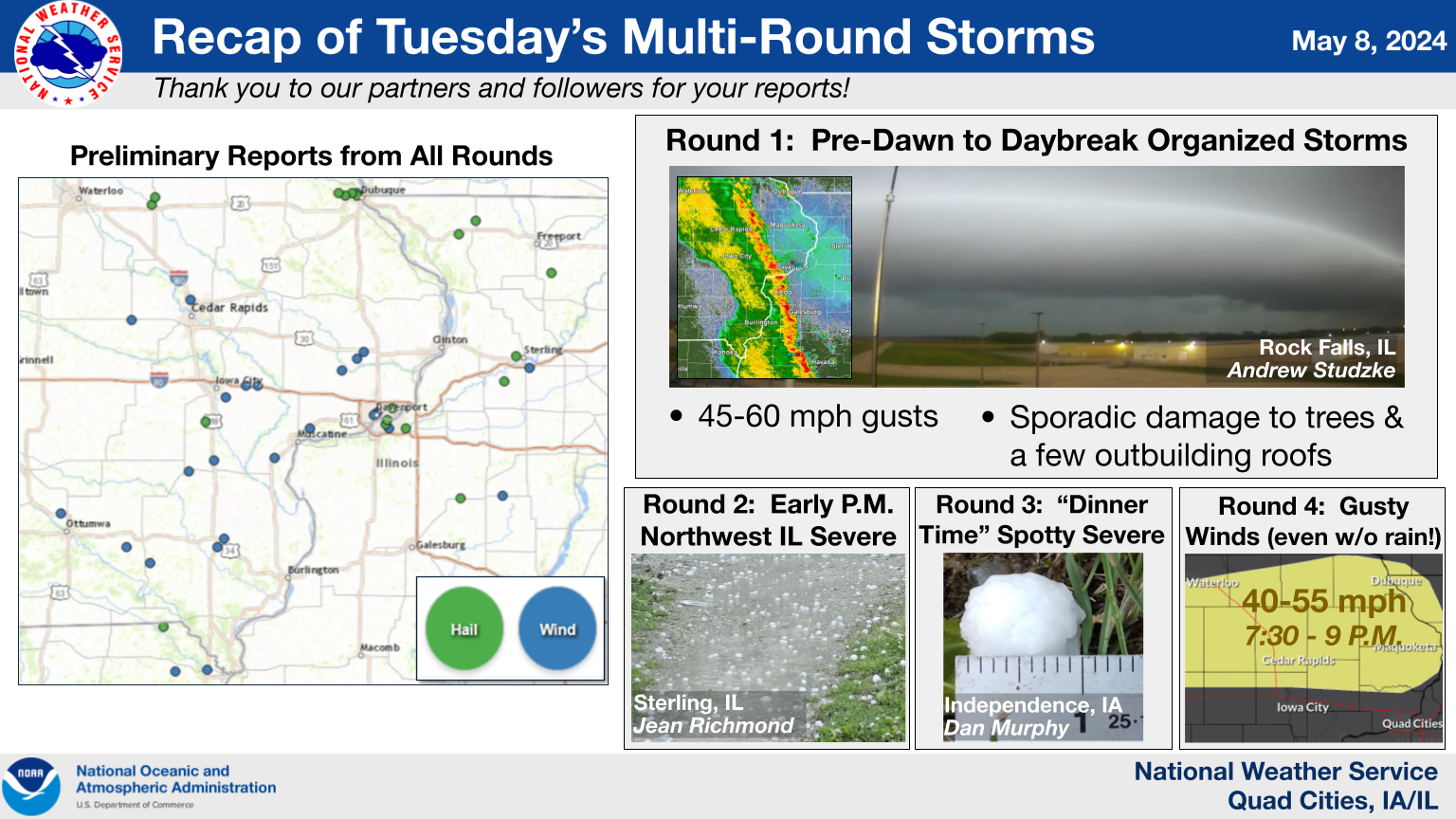 Infographic highlighting Thursdayâ€™s multi-round storms. A map of storm reports, and four thumbnails visualizing each round throughout the day.