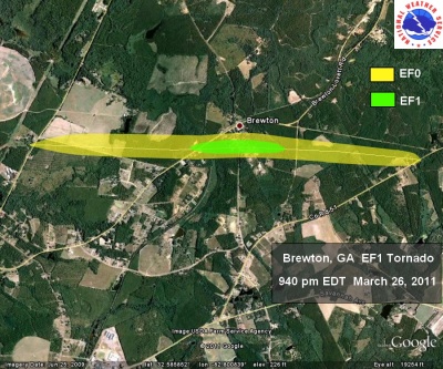 [ Path of EF-1 tornado that struck Brewton in Laurens County. ]