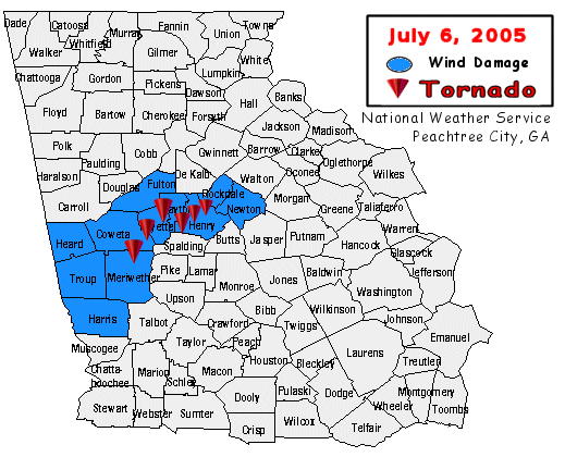 [ location of wind damage and also Cindy's 6 tornadoes in Georgia ]