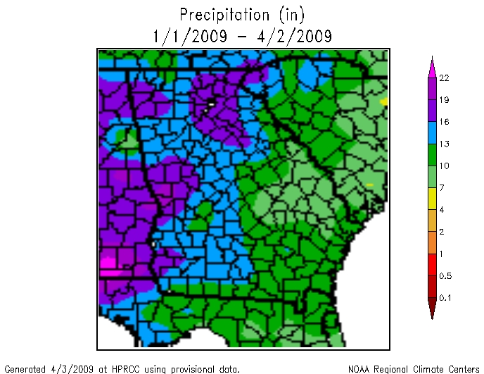 map showing rainfall amounts for the period of January 1 - April 2, 2009