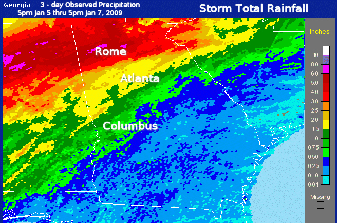 [ rainfall totals from 5 pm January 5 to 5 pm January 7, 2009 ]