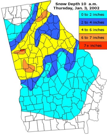 snow depths reported thru Thursday morning 1/3/02