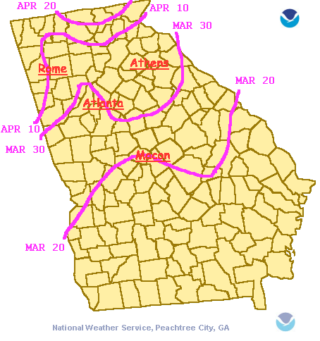 average dates of last Spring freeze in Georgia