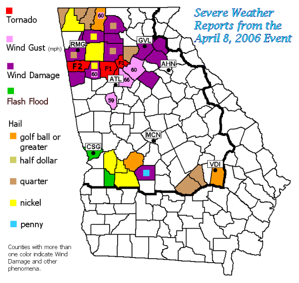 [ map showing location and types of severe thunderstorms Apr 8, 2006 ]