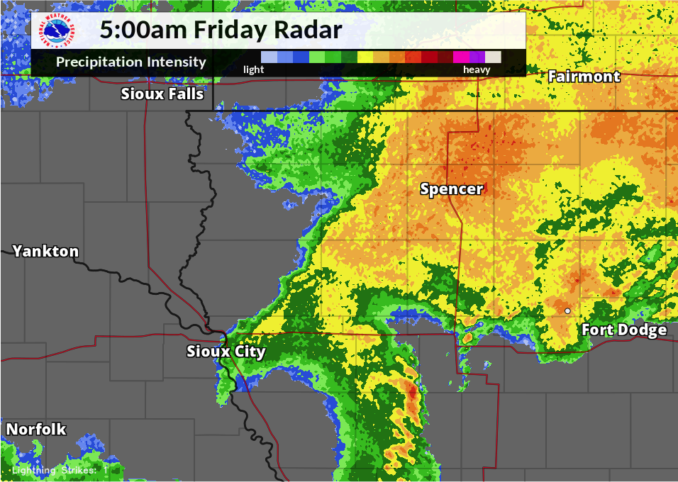 5:00 AM radar image centered on Sioux City, Iowa