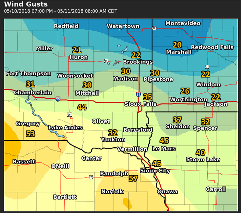 Map of wind gusts from the early morning of May 11, 2018