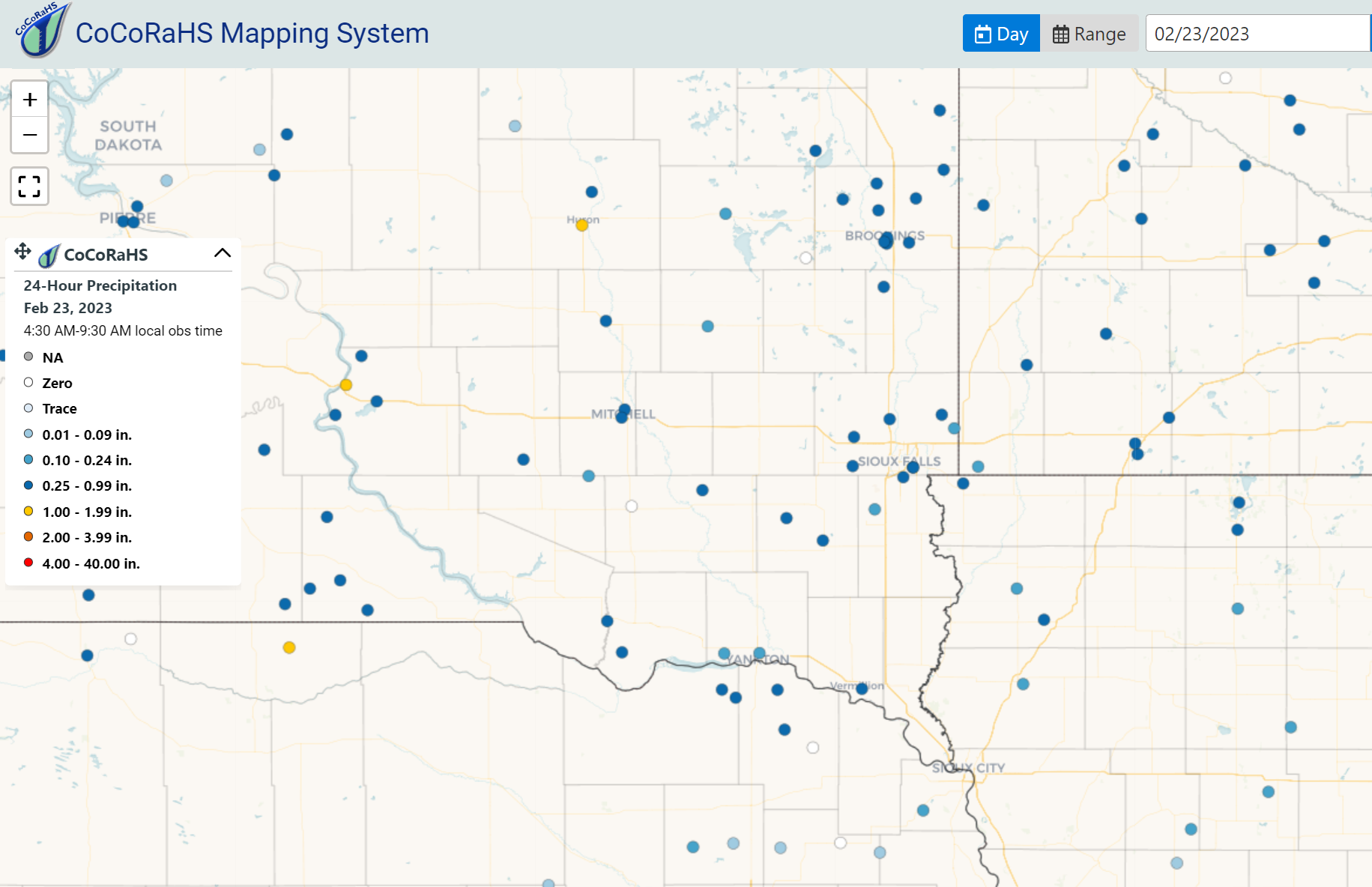 Map of snowfall reports from CoCoRaHS observers