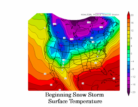 The mean surface temperature (in degrees Celsius) when snow begins to fall in Sioux Falls.