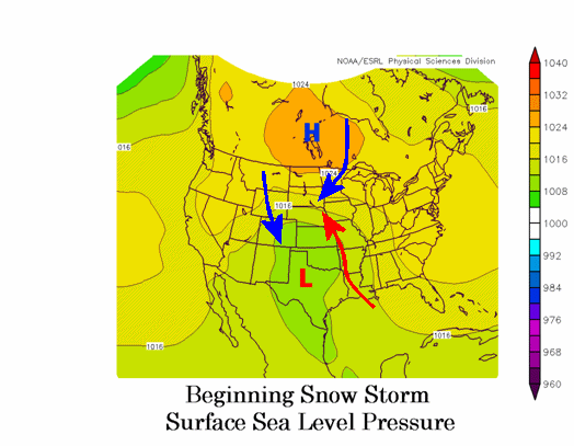 Mean sea level pressure at the beginning of Sioux Falls snowstorms