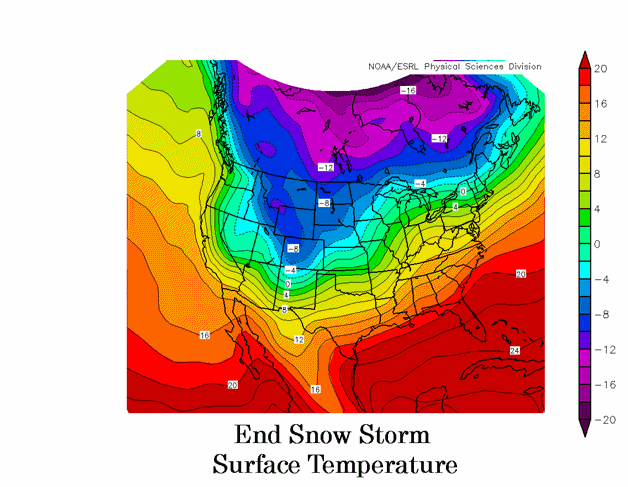 Surface temperatures at the end of snowstorms in Sioux Falls.