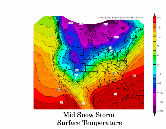 Mean surface temperature during the middle of the snowstorm in Sioux Falls