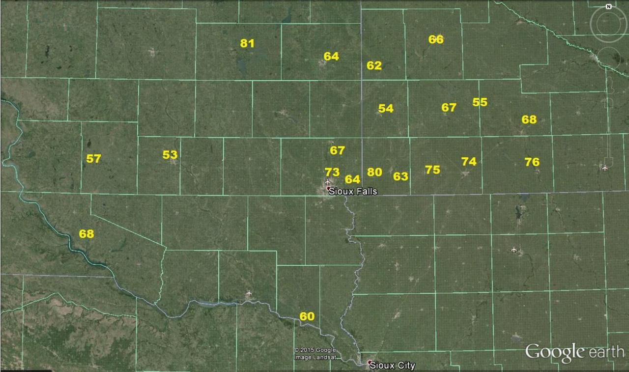 A map showing peak wind gusts associated with the wake low on June 22.