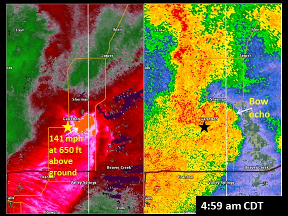 Radar reflectivity and velocity image at 4:59 am CDT