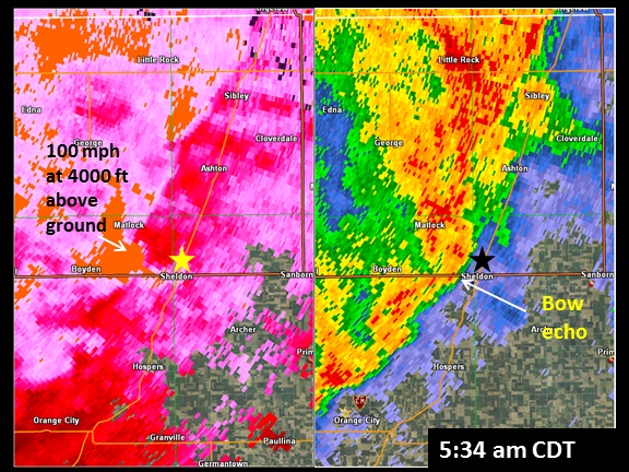 Radar reflectivity and velocity from near Sheldon, Iowa at 534 am CDT.