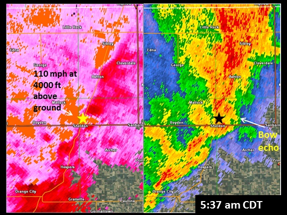 Radar reflectivity and velocity at 537 am CDT.